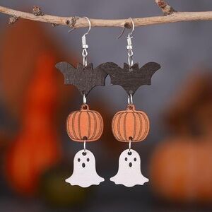 Halloween Earrings Wooden Bat Pumpkin & Ghost